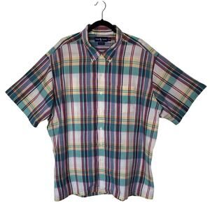 Ralph Lauren Plaid 100% Cotton Short Sleeve Button Down Shirt XXL Preppy Casual
